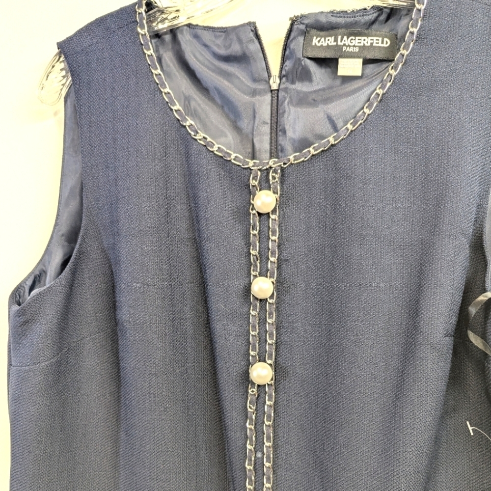 Karl Lagerfeld Elegant Navy Sleeveless Dress Shift Classic Chain Pearls 14 - Picture 6 of 17